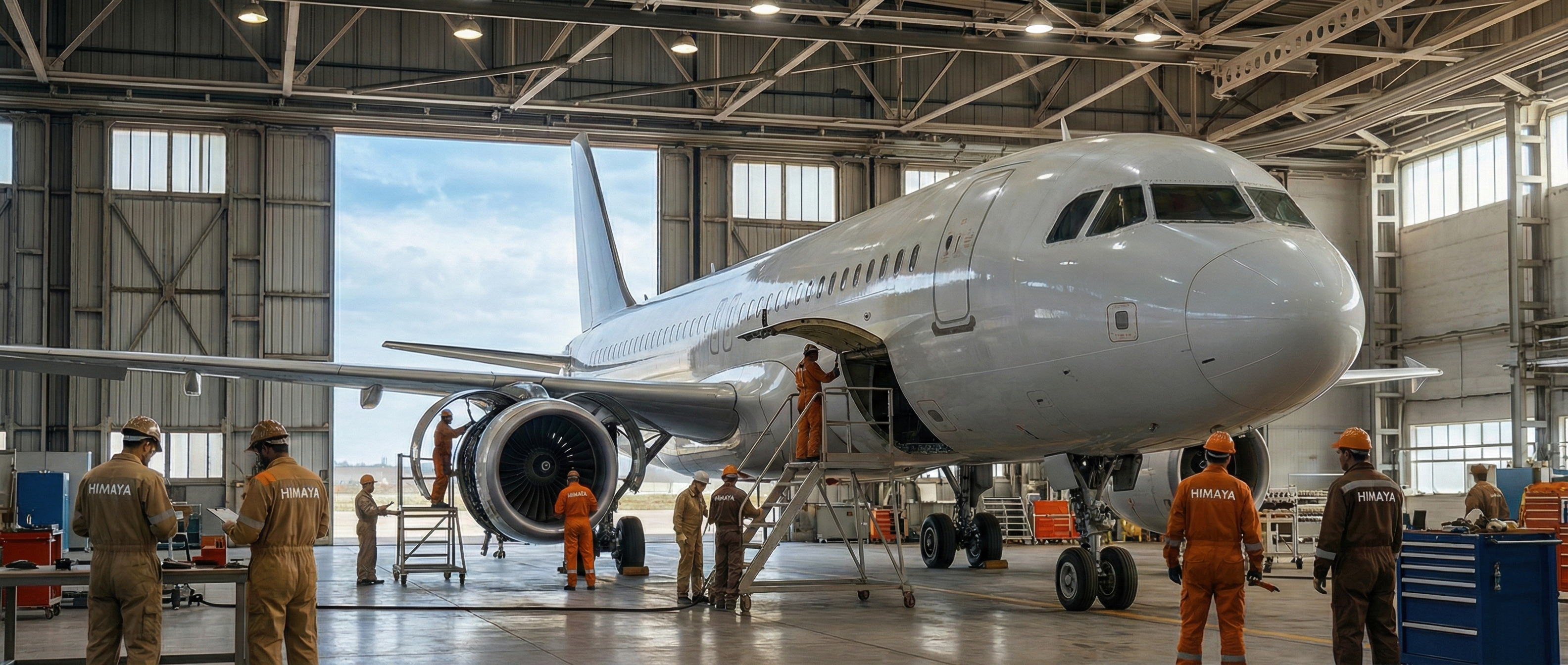 Full commercial airplane parked inside a modern industrial hangar