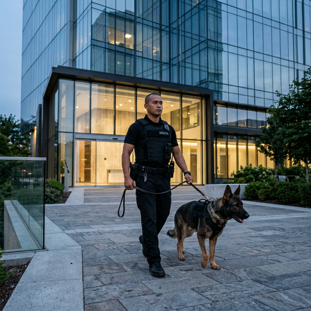 Professional K9 unit patrolling corporate entrance