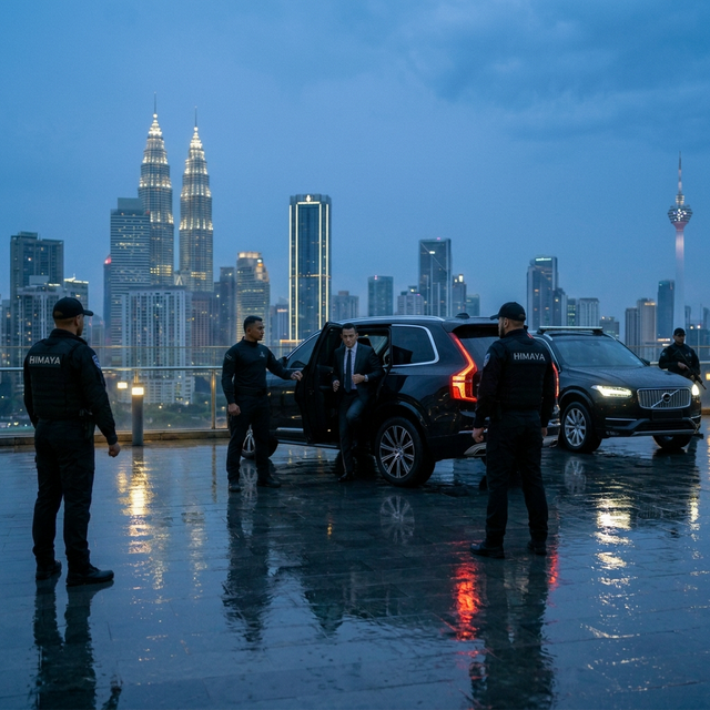 Professional security operative in a corporate HQ lobby